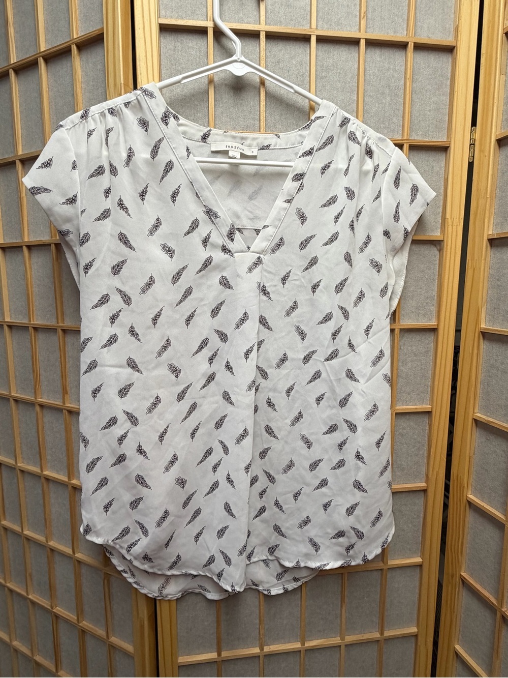 fun 2 fun White Blouse with Black Feather Print